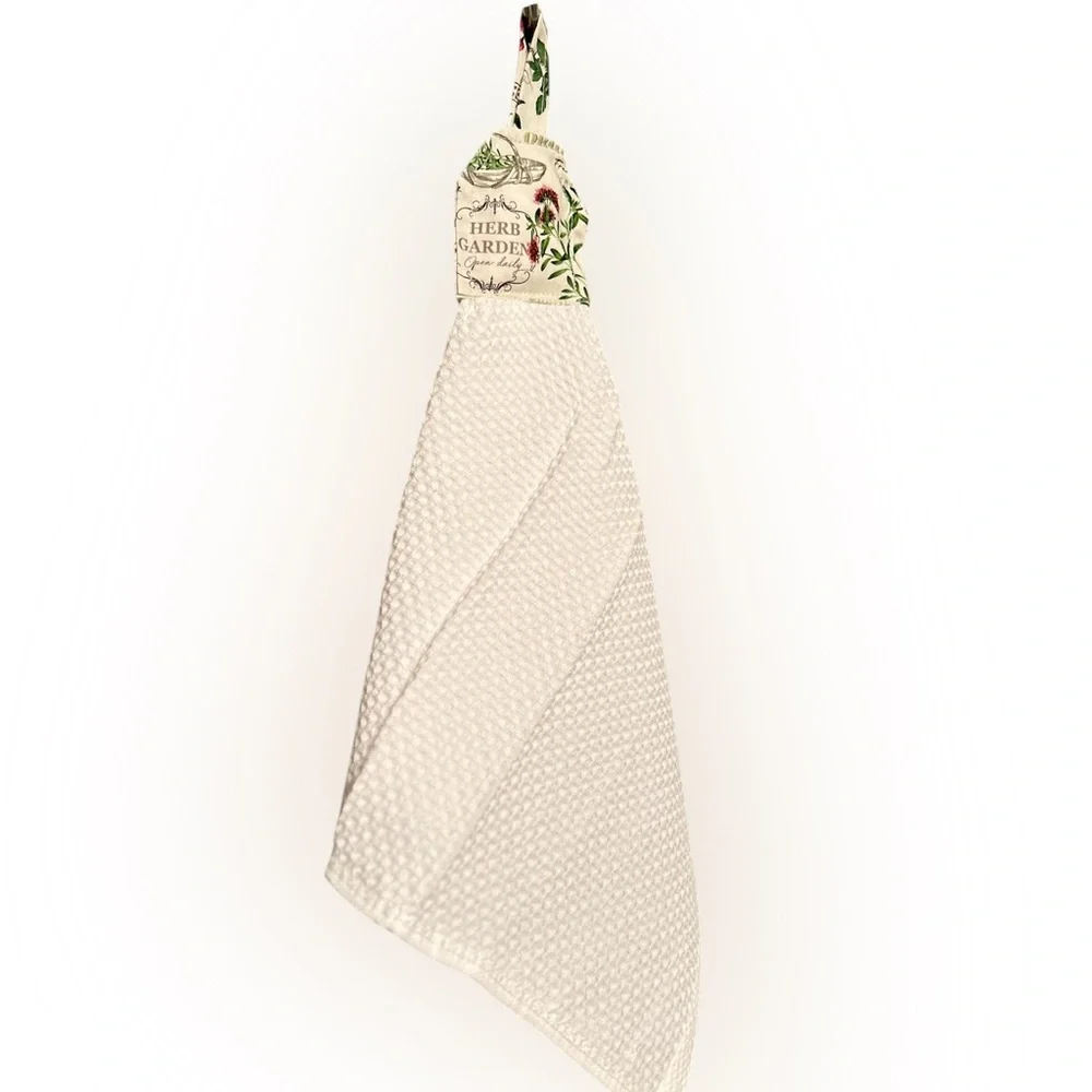 Hand Crafted Garden Herbs White Hanging Kitchen Hand Towel 100% Cotton